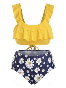 Rosegal Plus Size Daisy Print Tie Back Ruffled Bikini Set