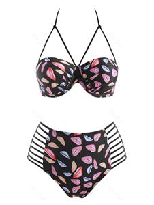 Rosegal Plus Size Lip Print Push Up Ladder Cutout Bikini Swimwear