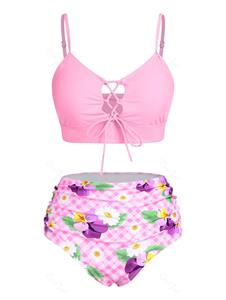 Rosegal Plus Size Plaid Flower Lace Up Ruched Longline Bikini Swimsuit