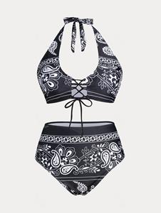 Rosegal Plus Size & Curve Halter Paisley Lace Up Padded Bikini Swimsuit