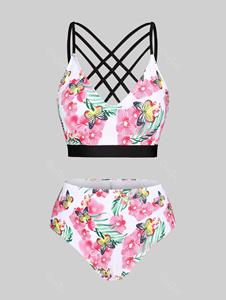 Rosegal Floral Butterfly Print Crisscross Plus Size & Curve Bikini Swimsuit