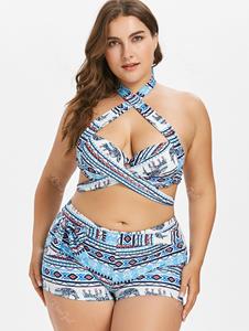 Rosegal Plus Size Sexy Halter Tribal Print Crisscross Boyleg Bikini Swimsuit