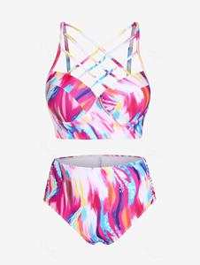 Rosegal Plus Size & Curve Underwire Crisscross Swirl Print High Waist Longline Bikini Swimsuit