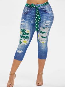 Rosegal 3D Print Dotted Daisy Belted Plus Size Capri Jeggings