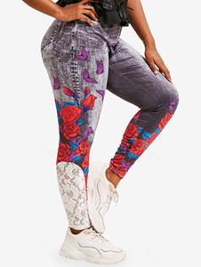 Rosegal Lace Panel 3D Print Rose Butterfly Plus Size Jeggings