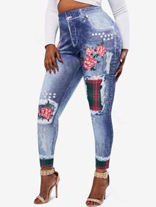 Rosegal High Waisted 3D Print Floral Plaid Panel Plus Size Jeggings