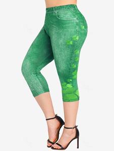 Rosegal Plus Size Clover 3D Jean Print High Rise Capri Leggings
