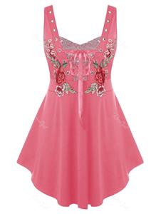 Rosegal Plus Size Rose Embroidered Lace Up Sequin Tank Top