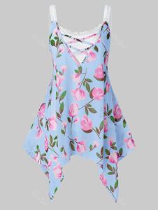 Rosegal Plus Size Lace Floral Print Cami Tank Top Set