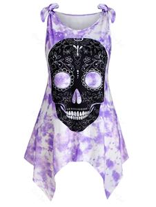 Rosegal Tie Shoulder Skull Tie Dye Halloween Plus Size Tank Top