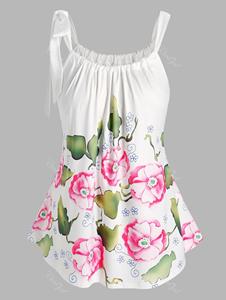Rosegal Plus Size Floral Print Tie Shoulder Tank Top