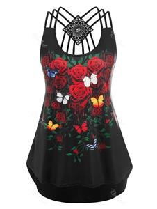 Rosegal Plus Size Lace Panel Strappy Floral Print Tank Top
