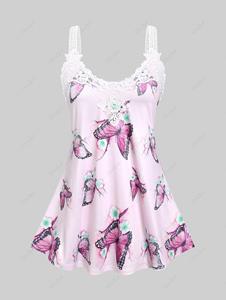Rosegal Lace Insert Butterfly Print Plus Size & Curve Tank Top