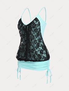 Rosegal Plus Size & Curve Contrast Lace Panel Backless Cinched Tank Top
