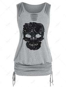 Rosegal Plus Size Ripped Crochet Skull Ruched Cinched Tank Top