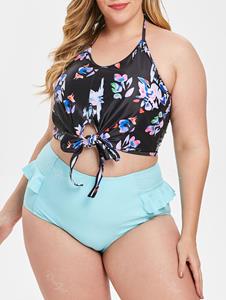 Rosegal Halter Neck Plus Size Printed Tankini Set