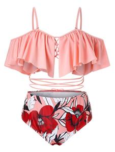 Rosegal Plus Size Ruffled Strappy Floral Two Piece Swimsuit
