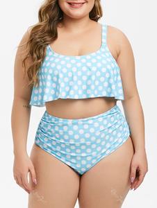 Rosegal Flounces Polka Dot High Waisted Ruched Plus Size 1950s Tummy Control Tankini Swimsuit