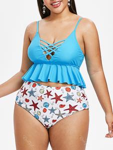 Rosegal Plus Size Crisscross Starfish Shell Printed Cami Peplum Tankini Swimsuit
