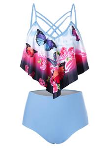 Rosegal Plus Size Floral Butterfly Print Crisscross Tankini Swimsuit