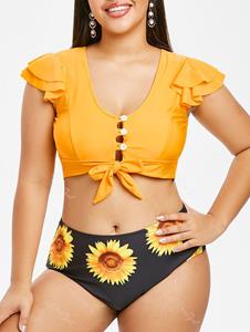 Rosegal Tie Front Button Loop Sunflower Plus Size Two Piece Swimwear