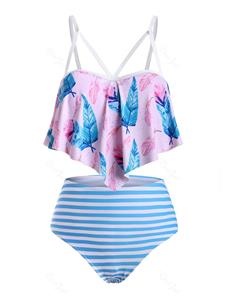 Rosegal Flounces Strappy Leaves Print Stripes Plus Size Tankini Swimwear