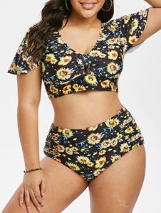 Rosegal Plus Size Floral Print High Rise Two Piece Swimwear