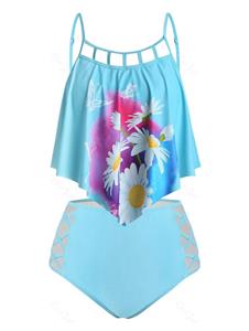 Rosegal Plus Size Lattice Cut Daisy Print Crisscross Tankini Swimwear