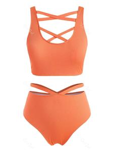 Rosegal Plus Size Ribbed Crisscross Cutout Tankini Swimwear