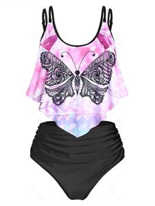 Rosegal Plus Size & Curve Butterfly Tie Dye Bandana Hem Ruched Tankini Swimsuits