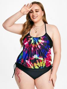 Rosegal Tie Dye Double Up Strappy Backless Plus Size & Curve Tankini Swimsuit