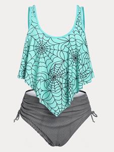Rosegal Plus Size Ruffled Overlay Spiders Web Striped Print Tankini Swimwear