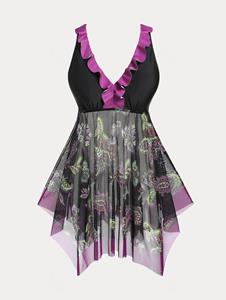 Rosegal Paisley Print Mesh Panel Plus Size & Curve Handkerchief Tankini Swimsuit
