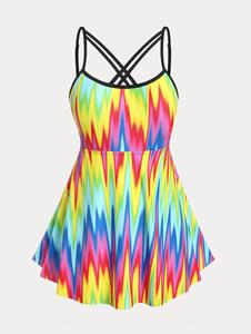 Rosegal Plus Size & Curve Rainbow Zigzag Crisscross Modest Tankini Swimsuit