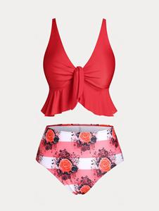 Rosegal Flounced Rose Print High Waist Plus Size & Curve Tankini Swimsuit