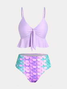 Rosegal Plunge Mermaid Print Flounced Plus Size & Curve High Waist Tankini Swimsuit