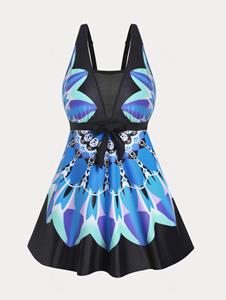Rosegal Plus Size & Curve Sheer Mesh Printed High Waist Modest Tankini Swimsuit