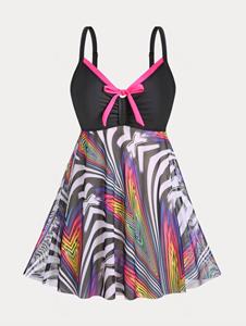 Rosegal Mixed Print Mesh Panel Plus Size & Curve Swim Dress Set