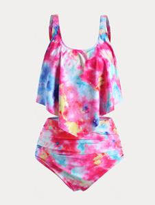 Rosegal Plus Size & Curve Tie Dye Padded Ruch Overlay Tummy Control Tankini Swimsuit