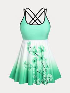 Rosegal Plus Size & Curve Crisscross Floral Print Ombre Color Modest Tankini Swimsuit