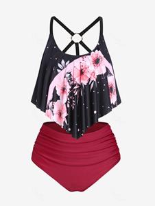 Rosegal Plus Size Ruffled Overlay Floral High Waist Tankini Swimsuit