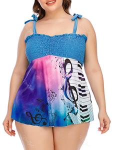 Rosegal Plus Size & Curve Tie Shoulder Printed Smocked Modest Tankini Swimsuit