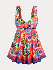 Rosegal Plus Size & Curve Sunflower Butterfly Print High Waist Tankini Swimsuit