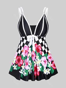 Rosegal Plus Size Checkerboard Flower Printed Backless Bowknot Padded Tankini Swimsuit