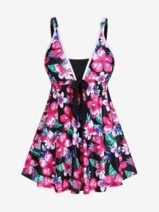 Rosegal Plus Size Padded Tropical Floral Backless Tankini Swimsuit