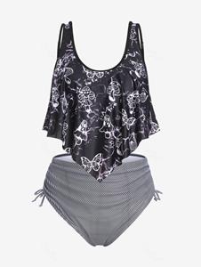 Rosegal Plus Size & Curve Mushroom Print Ruffled Overlay Cinched Tankini Swimsuit