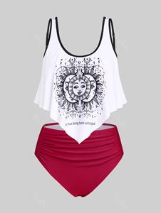 Rosegal Plus Size Ruffled Overlay Sun Moon Print Tankini Swimsuit