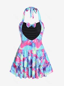Rosegal Plus Size Halter Tie Dye Dreamcatcher Print Bowknot Layered Tankini Swimsuit