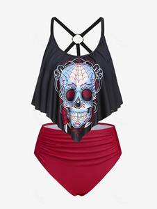 Rosegal Plus Size Gothic Skull Strappy Ruched Overlay Padded Tankini Swimsuit