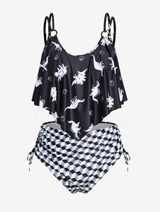 Rosegal Plus Size Dinosaur Checkerboard Print Ruffled Overlay Cinched Tankini Swimsuit